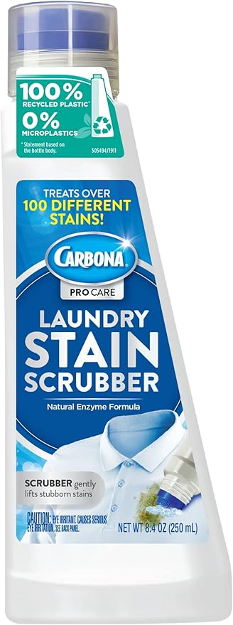 Carbona Laundry Stain Scrubber – Bio-Enzyme Fabric Stain Remover with Built-in Brush | Removes Grease, Blood, Food & More | Safe on Washable Fabrics | 8.4 fl oz (1 Pack)