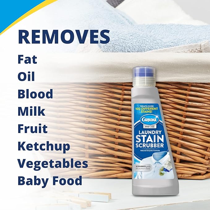 Carbona Laundry Stain Scrubber – Bio-Enzyme Fabric Stain Remover with Built-in Brush | Removes Grease, Blood, Food & More | Safe on Washable Fabrics | 8.4 fl oz (1 Pack)