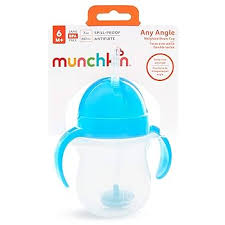 Munchkin Any Angle Sippy Cups for Toddlers, Spill Proof Weighted Straw Cup with Transition Handles for Babies 6 Months and Up, 7 Ounce, 2 Pack, Blue