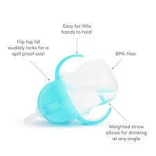 Munchkin Any Angle Sippy Cups for Toddlers, Spill Proof Weighted Straw Cup with Transition Handles for Babies 6 Months and Up, 7 Ounce, 2 Pack, Blue